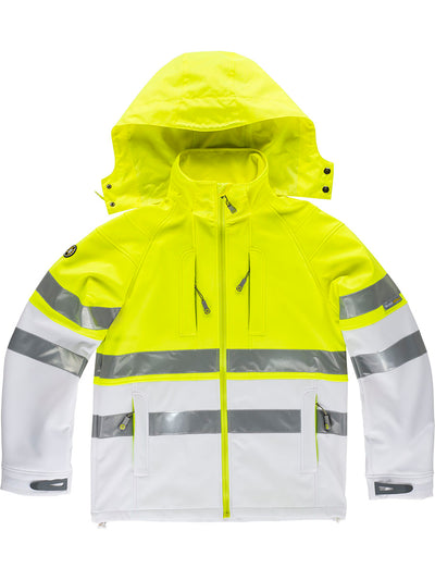 CLASS 1 HIGH VISIBILITY SOFTSHELL WITH HOOD - White/Yellow / S
