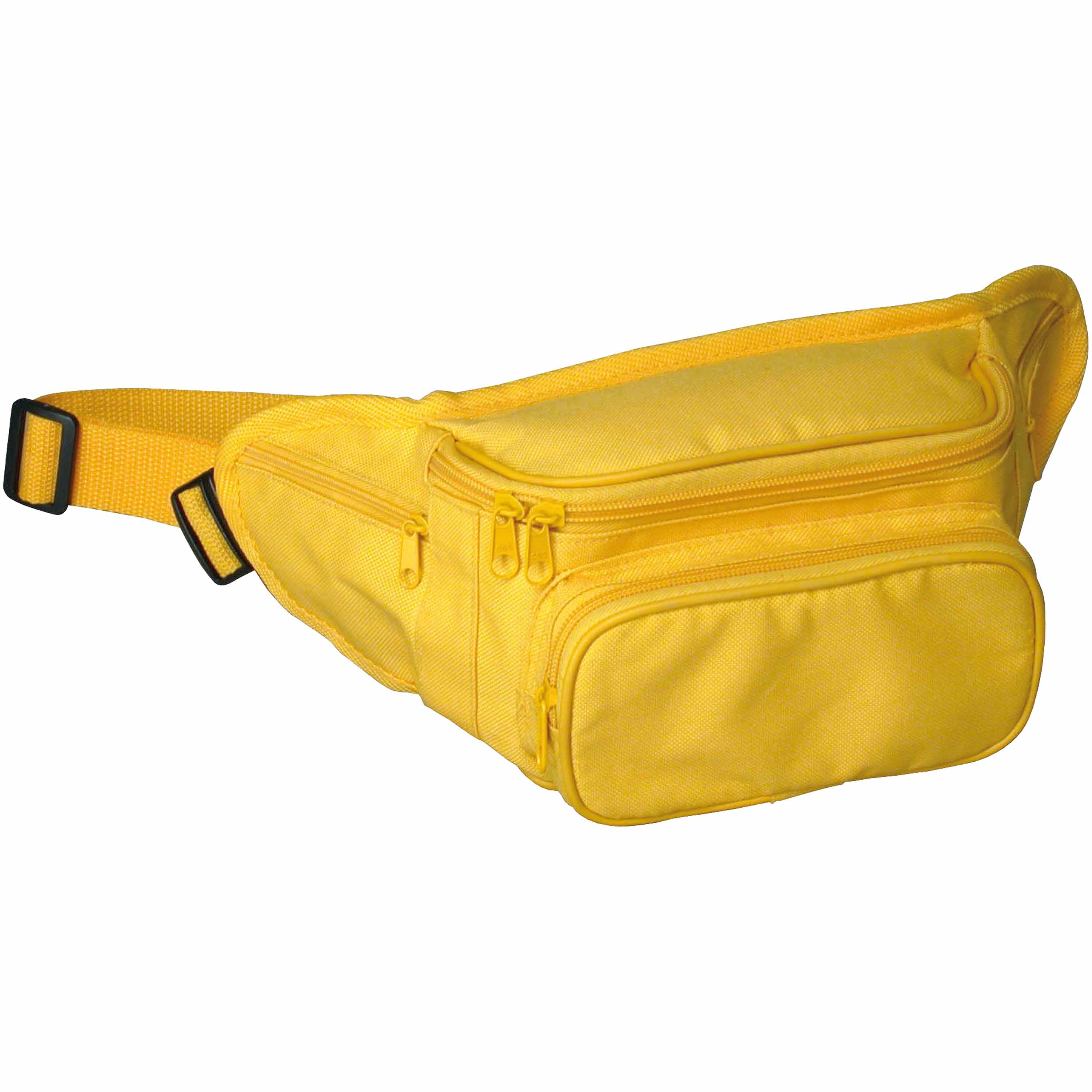 Polyester 5-pocket waist bag with adjustable waist strap and clip closure. Product size 35 X 14 X 12 CM