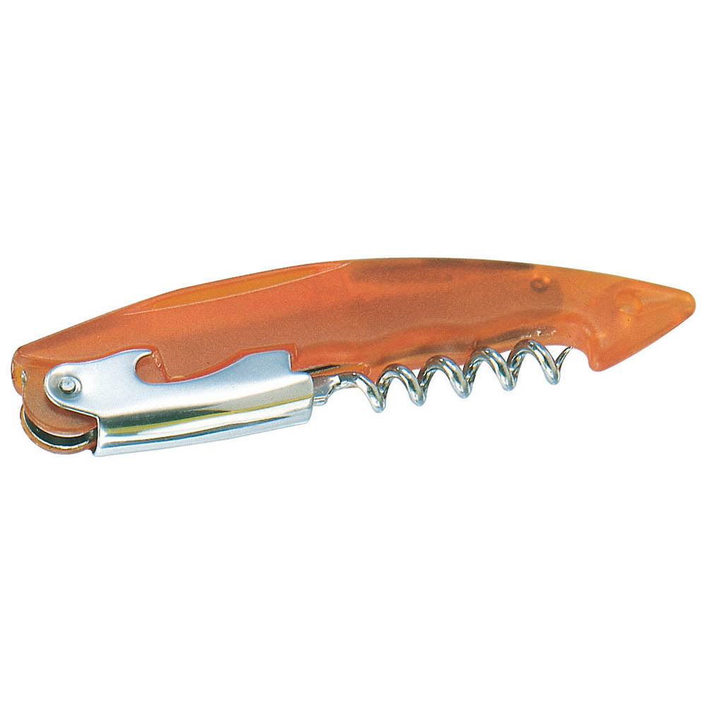 Bottle opener with corkscrew and foil cutter, transparent plastic with metal tools