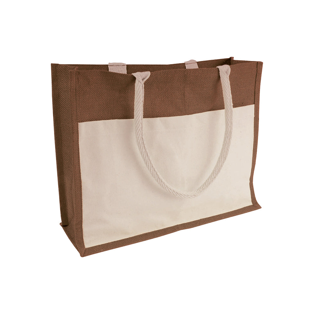 Jute shopping bag with waxed inner, gusset, handles and front pocket in natural cotton. Product size 45 X 35 X 12 CM