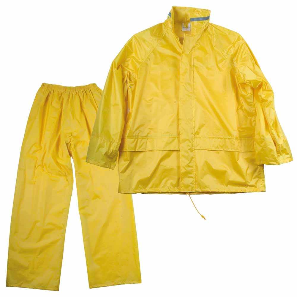 Water-resistant 170T polyester trousers/hooded jacket set with PVC coating. Sizes: S/M/L/XL/XXL