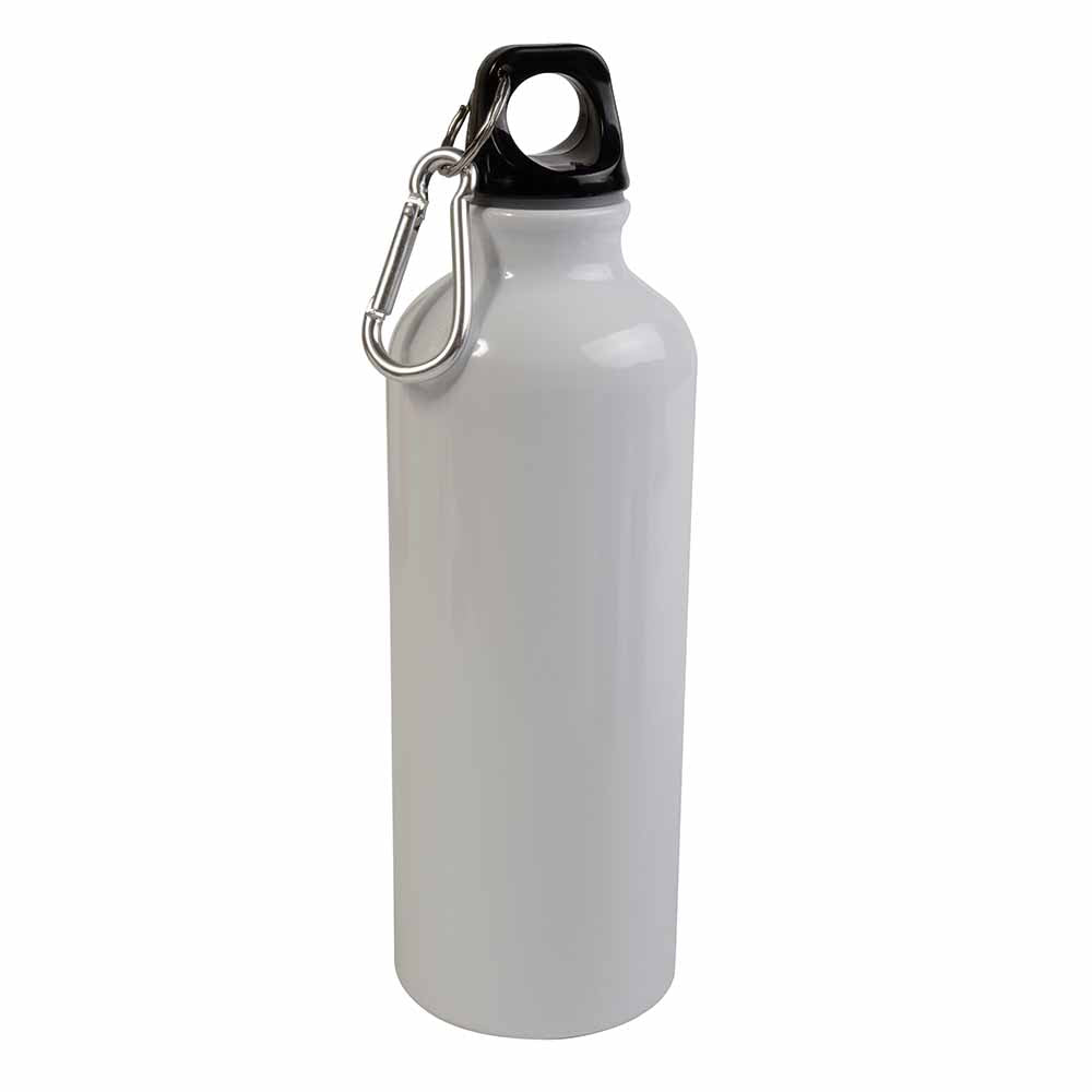 Aluminium water bottle (500 ml) with plastic lid and snap hook (22 cm tall, 6.5 cm diameter)