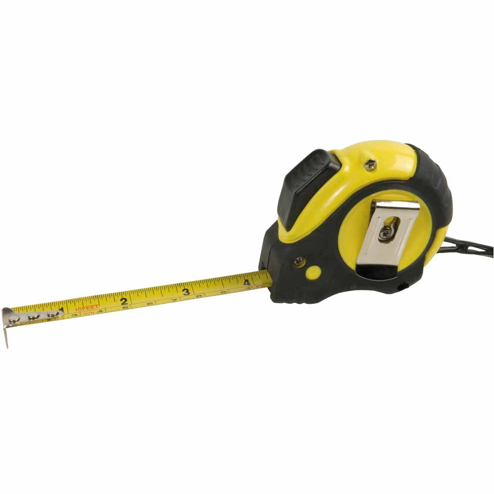 3m Tape measure with lock, including wrist wrap and belt clip. Size 8 x 6,5 x 3 cm