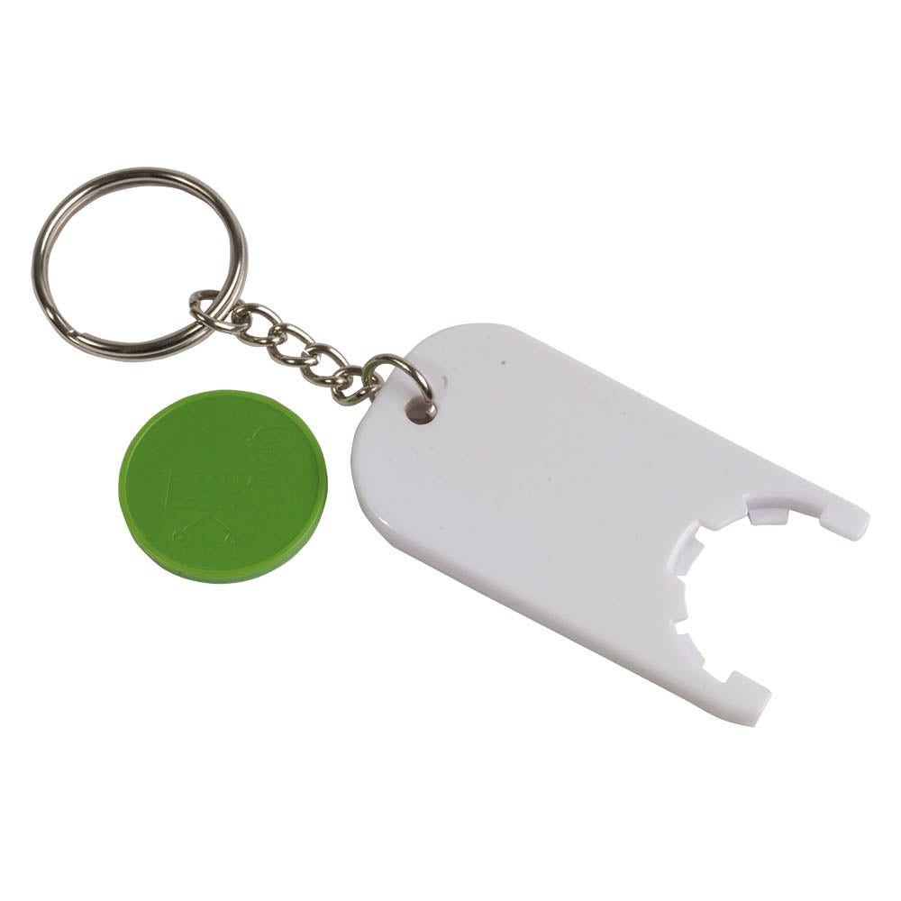 Plastic key and coin holder. Size 2,8 x 6 x 0,4 cm
