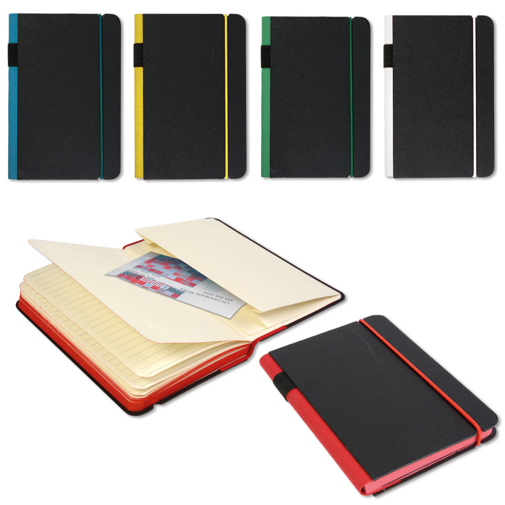Notebook with 100 pages, colored elastic band and profiles. Internal pocket for business card