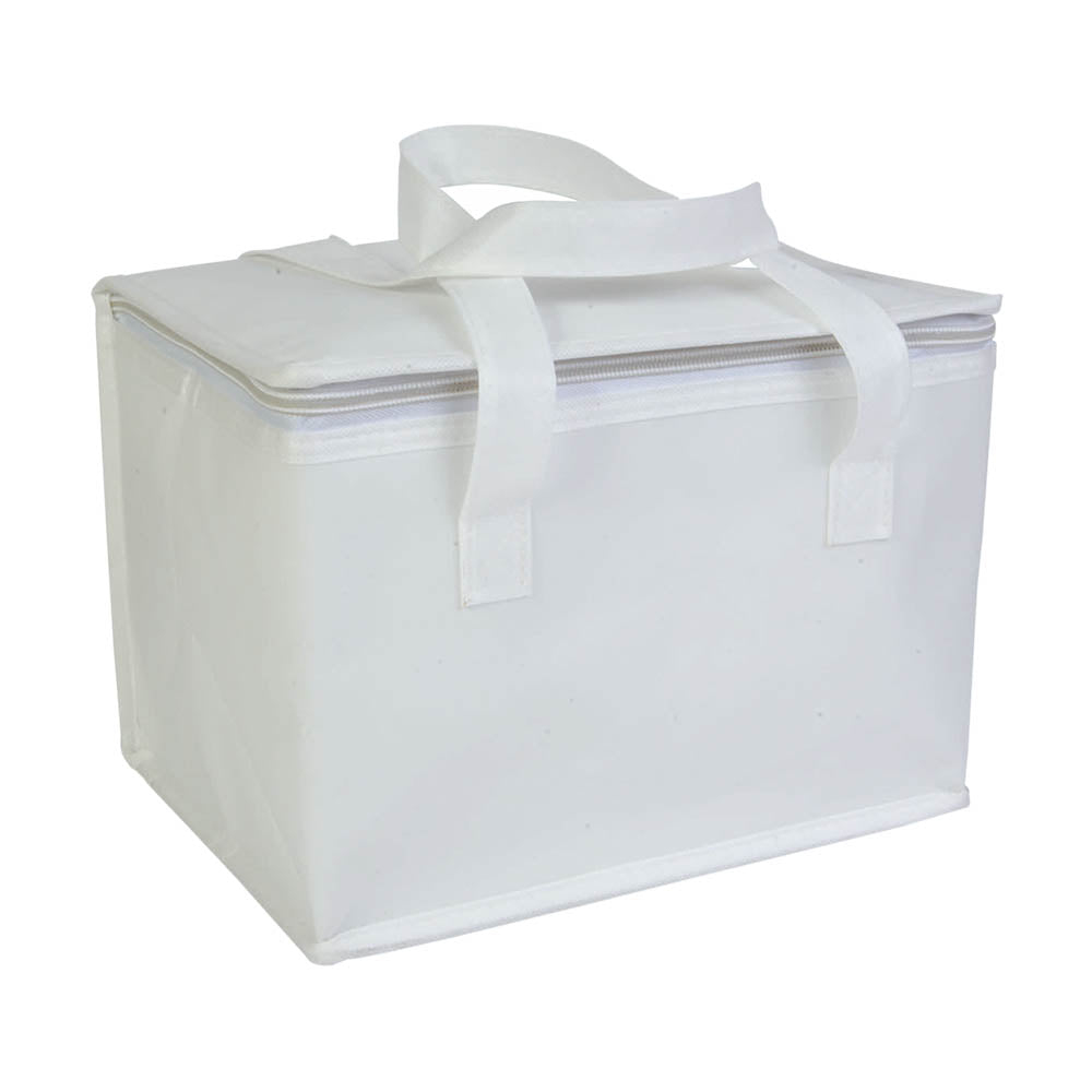 Laminated non-woven fabric cooler bag with silver interior. Product size 26 X 18 X 16 CM