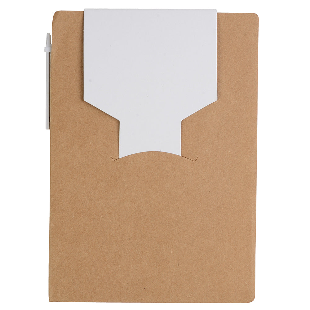 Memopad in recycled paper , with paper pen and adhesive sheets. Product size 10 X 14.3 X 1,2 CM