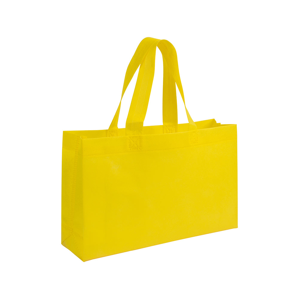 Heat-sealed 70 g/m2 non-woven fabric shopping bag with bottom gusset and long handles. Product size 32 X 20 X 9 CM (HANDLES: 41 X 3 CM)