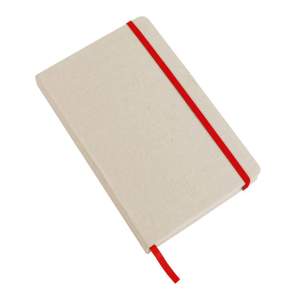 Note book with Canvas cover and elastic band for closing. Product size 9 X 15 CM
