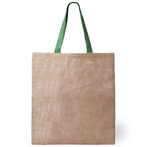 Ecological jute bag with body in natural color and medium handles of 52cm in green color