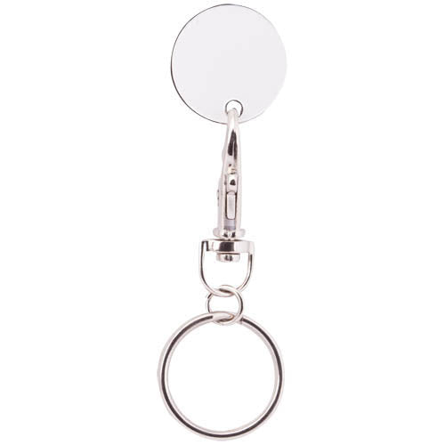 Metallic keychain coin in fun design in varied colors with removable coin and closure carabiner