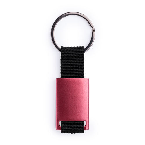 Aluminum keychain with body in varied metallic colors and polyester strip in black
