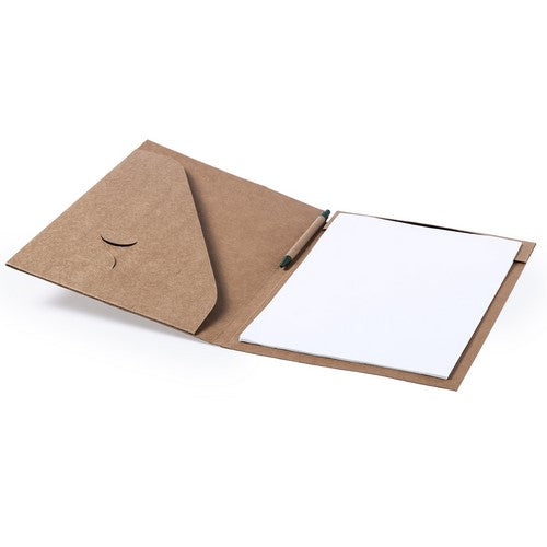 Resistant, rigidly finished recycled cardboard folder with matching color recycled cardboard ball pen included
