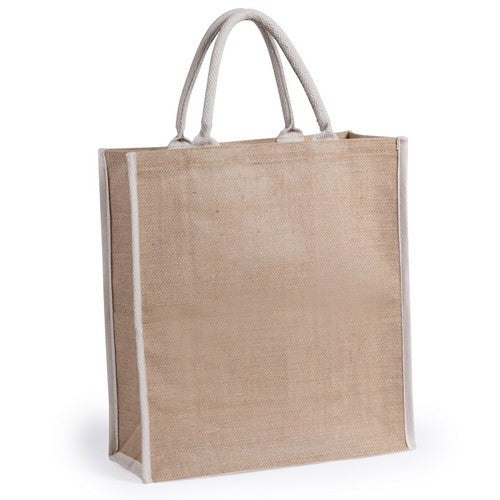 Jute bag with short white, reinforced cotton handles