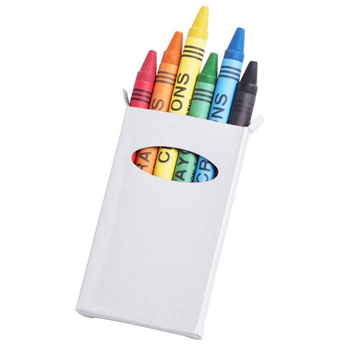 Set of 6 crayons in cardboard box with window and in glossy bright tones
